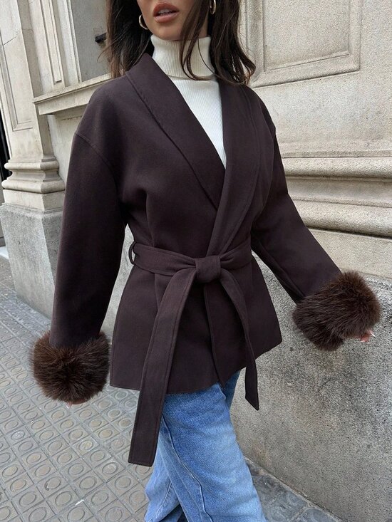 MODA ME COUTURE Jackets & Blazers - Coffee Brown Casual Women's Fuzzy Cuff Overcoat